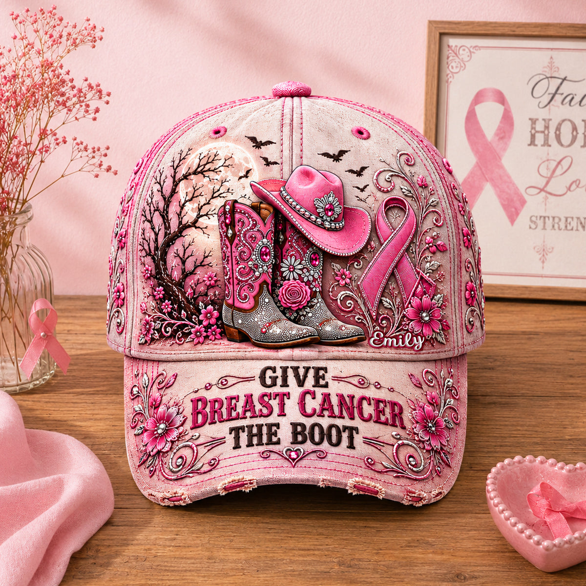 Give Breast Cancer The Boot - Personalized Cowgirl Classic Cap