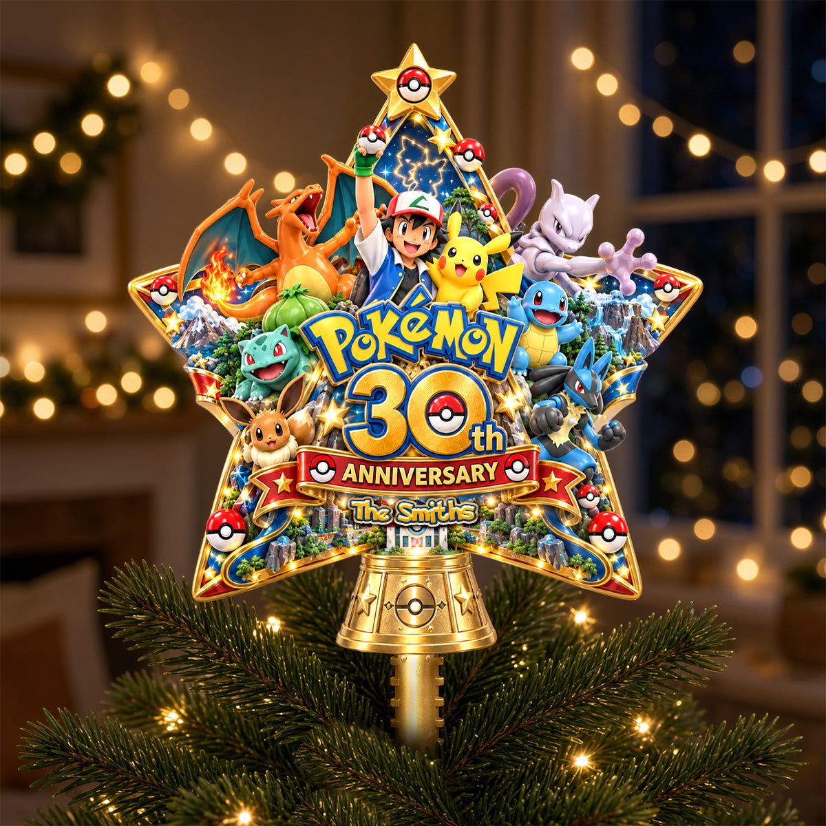 Celebrate Joyfully: 30th Anniversary Pokémon Creature Family Tree Topper - Personalized Christmas Gifts for Everyone Ornament PopCulturePrints