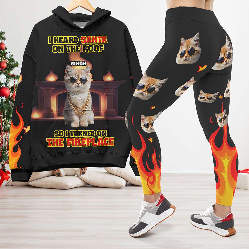 Custom Pet Lover 3D Shirt & Leggings Set - Cozy Fireplace Cat Theme