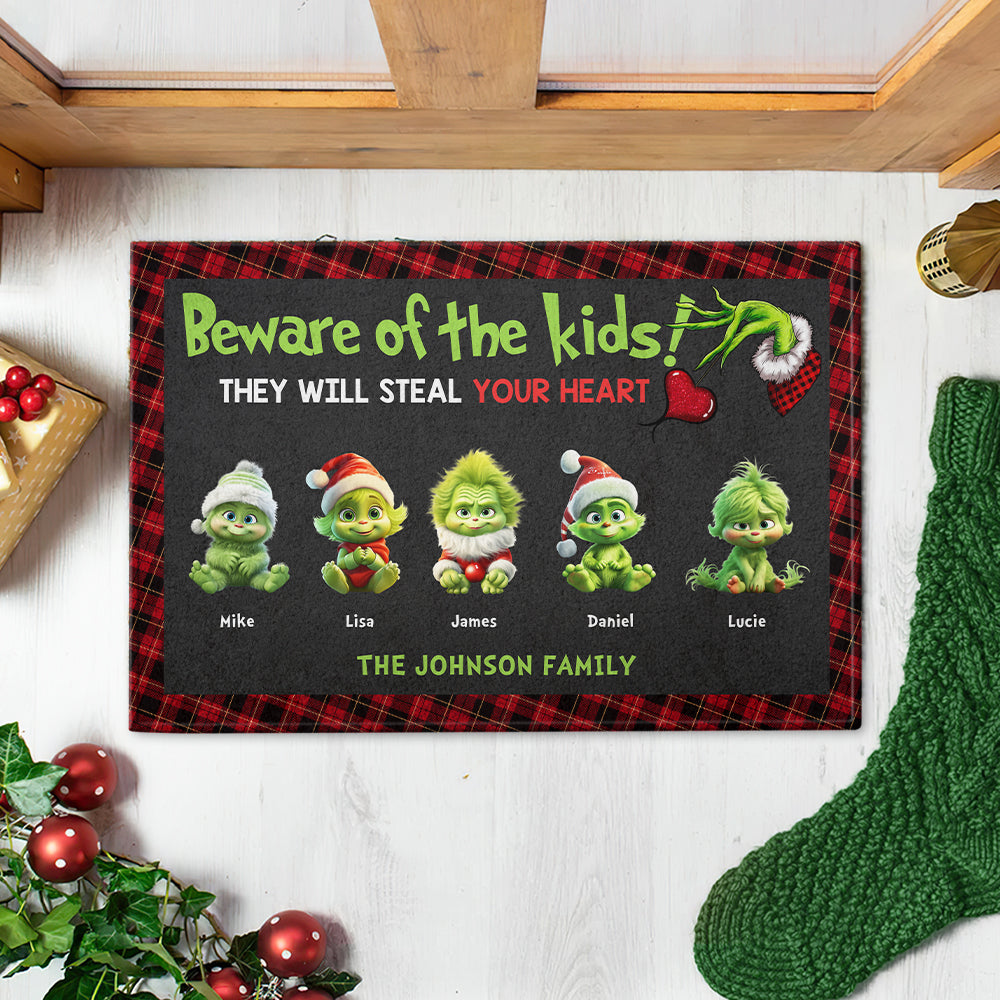 Personalized Green Monster Kids Doormat - Steal Your Heart Doormat PopCulturePrints