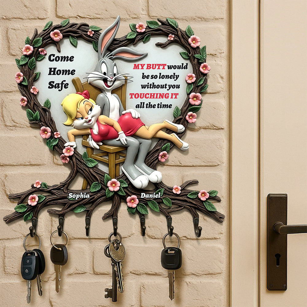 "Come Home Safe!" - Naughty Rabbit Couple Key Hanger - Personalized Gifts for Lovers, Friends, and Couples Wood Sign PopCulturePrints