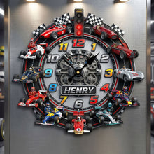 Load image into Gallery viewer, Rev Your Time: Racing Cars Acrylic Hanging Wall Clock - Personalized Gift for Racing Enthusiasts Hanging Wall Clock PopCulturePrints
