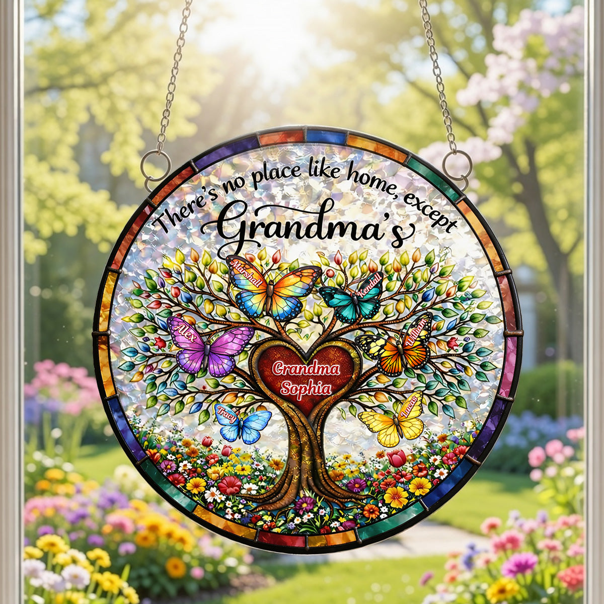 "There's no place like home, except Grandma's" - Personalized Butterfly Family Tree Suncatcher Ornament - Gift for Grandma, Mom, and Loved Ones Ornament PopCulturePrints