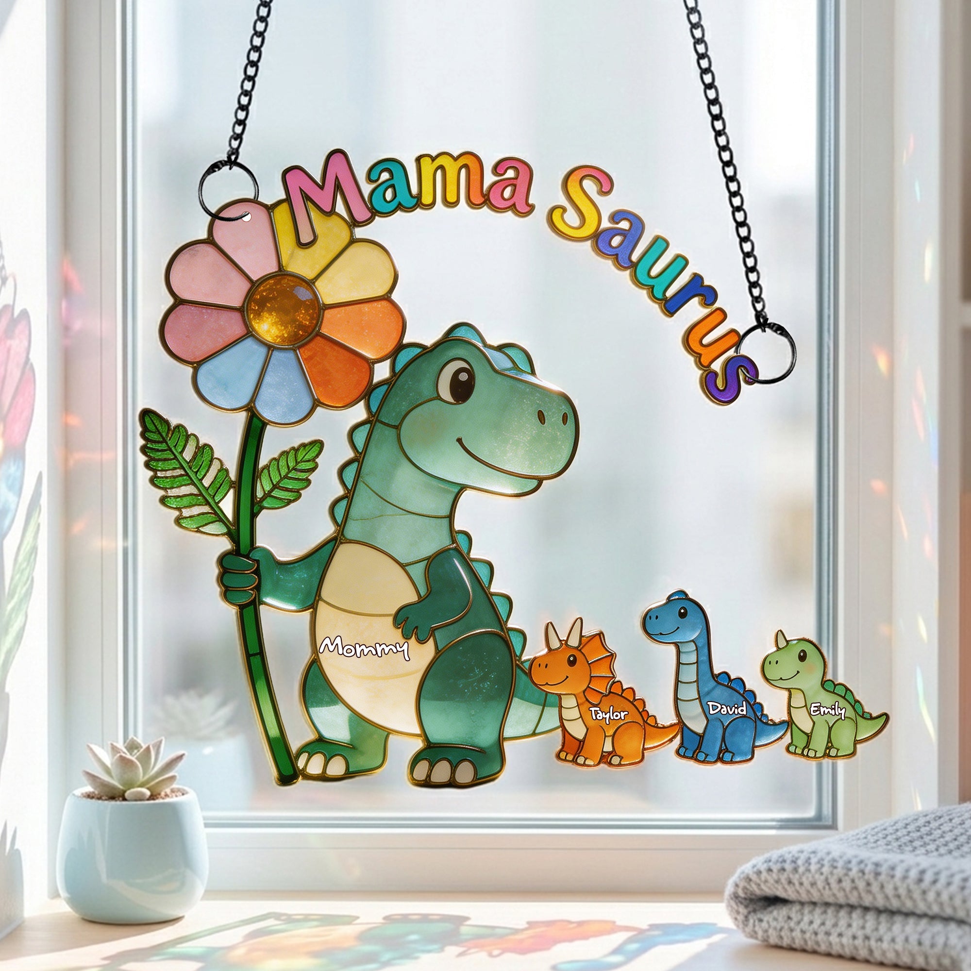 Mama-saurus & Her Tiny Roar Crew Suncatcher - Unique Personalized Gift for Moms, Grandmas, and More! Ornament PopCulturePrints