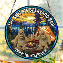 Load image into Gallery viewer, Personalized Bigfoot Seeker Stained Glass Suncatcher Ornament - Backyard Bar Theme
