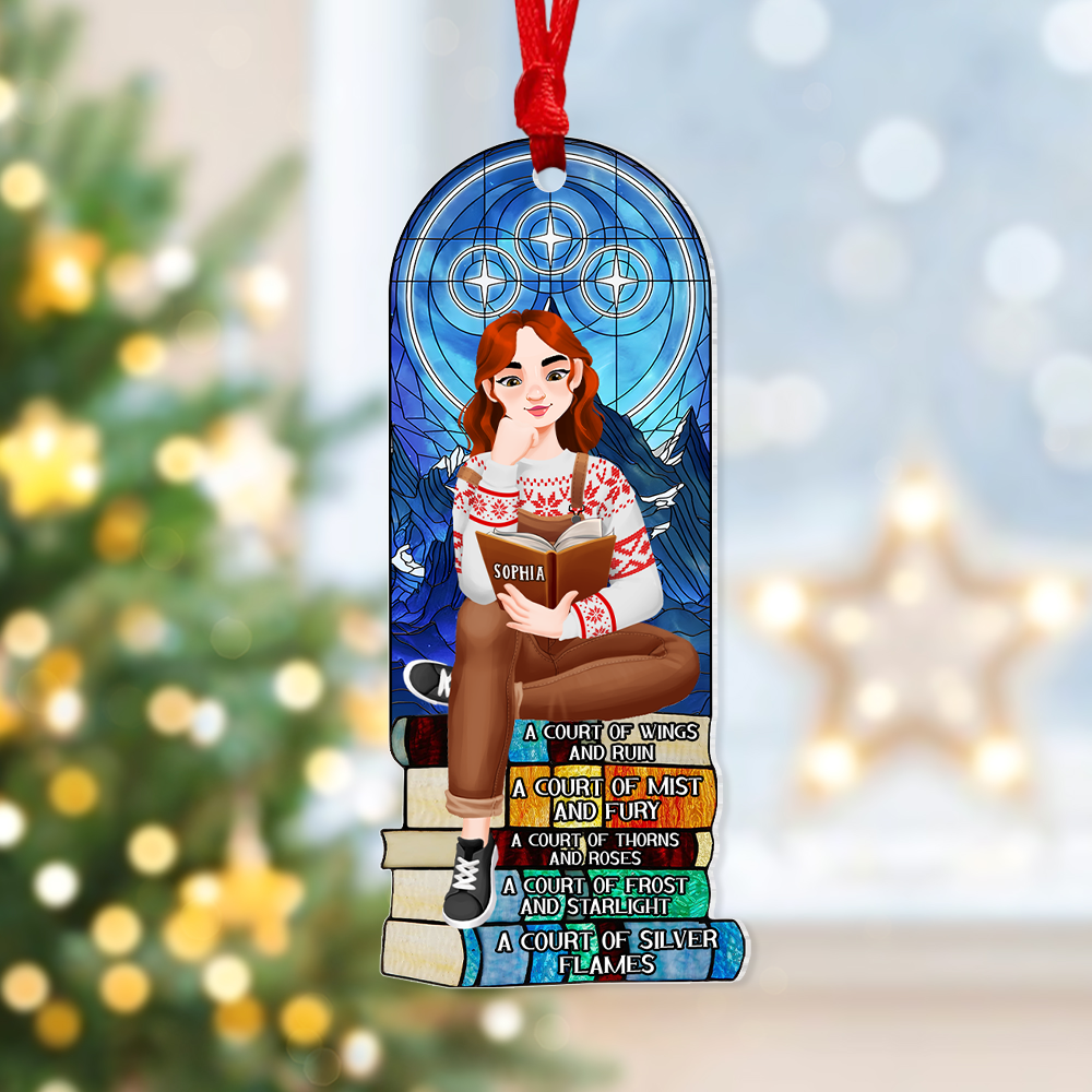 Personalized Christmas Book Lover's Ornament - Girl Reading on Book Stack Ornament PopCulturePrints