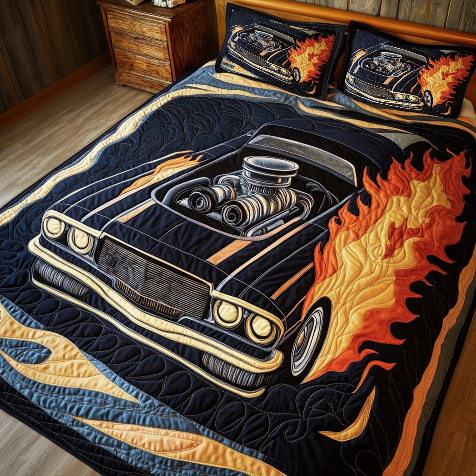 Ignite Your Passion - Flaming Muscle Car Quilt Bed Set - Personalized Gift for Racing Enthusiasts Blanket PopCulturePrints