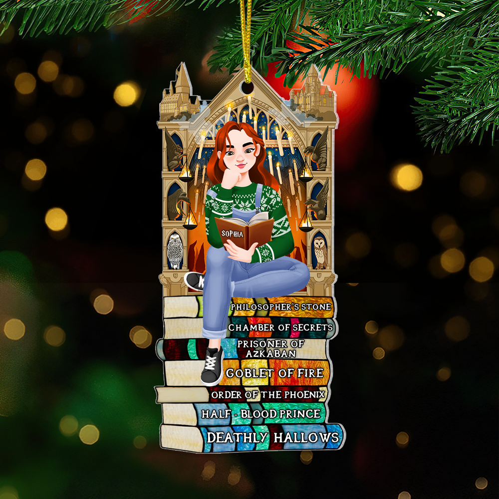 Personalized Christmas Ornament for Book Lovers - Girl Reading on Book Stack Ornament PopCulturePrints