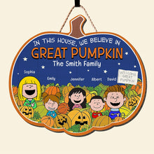 Load image into Gallery viewer, Personalized Halloween Family Pumpkin Wood Sign - Great Pumpkin Believers
