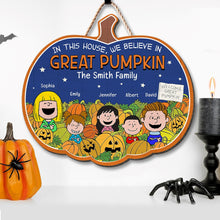 Load image into Gallery viewer, Personalized Halloween Family Pumpkin Wood Sign - Great Pumpkin Believers
