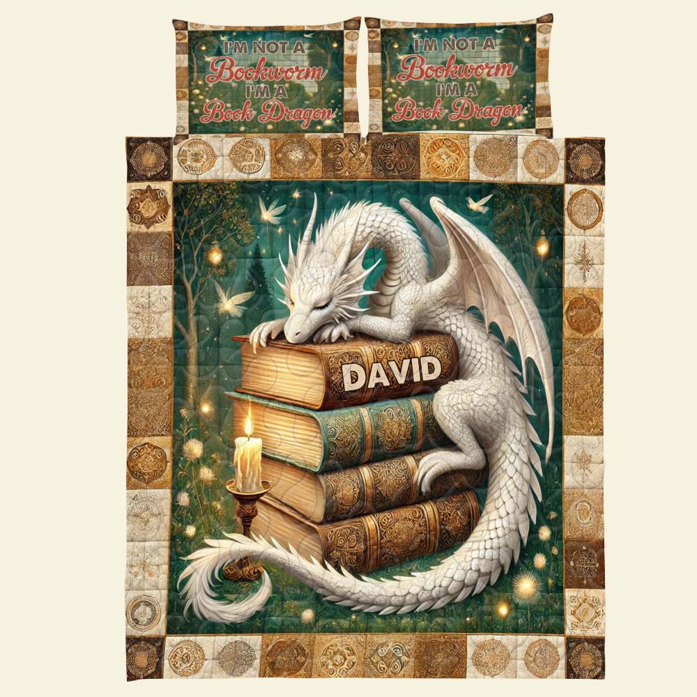 Personalized Dragon Quilt Bedding Set for Book Lovers - 'I'm Not A Bookworm, I'm A Book Dragon' Blanket PopCulturePrints