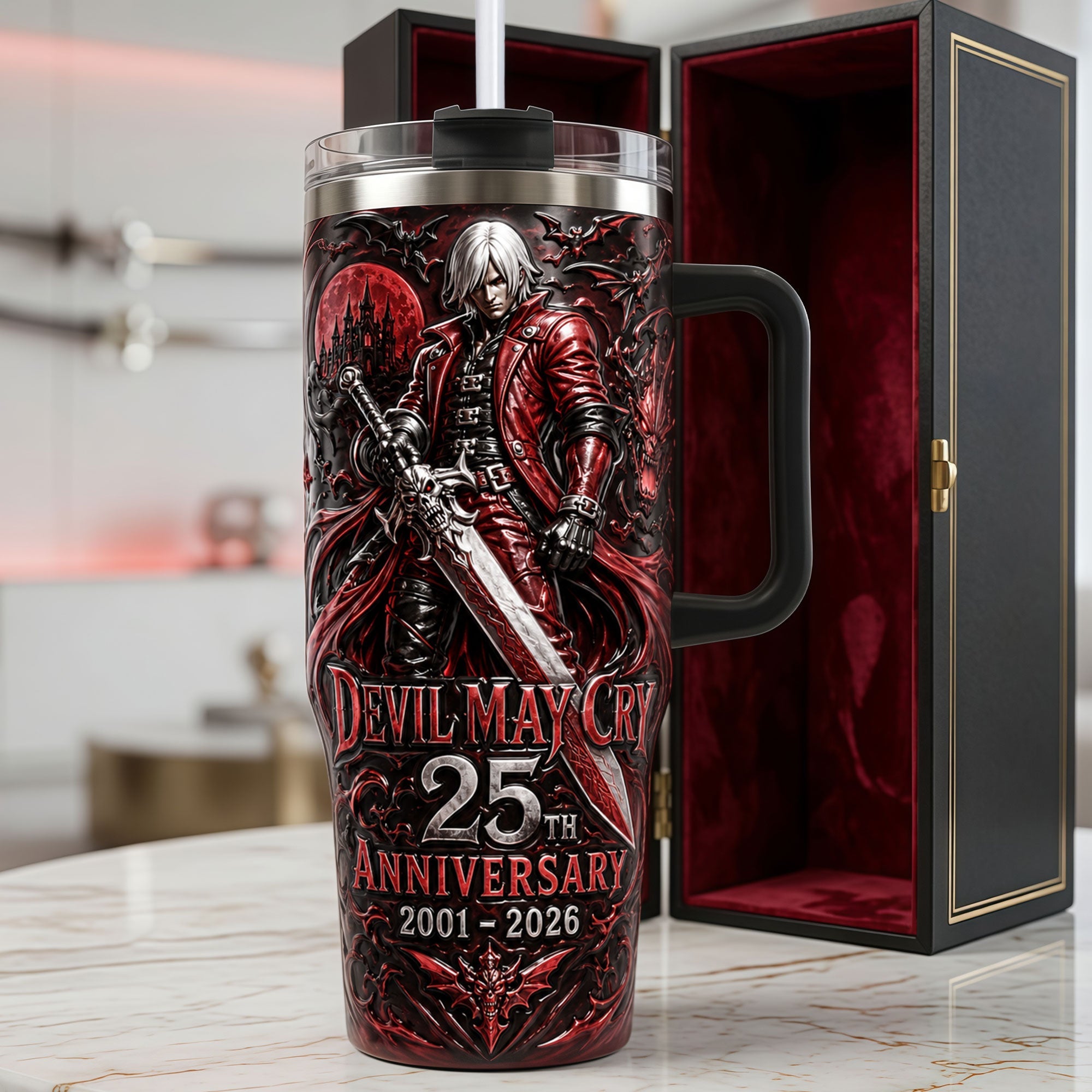 Celebrate 25 Years of Adventure - Evil Hunt 40oz Tumbler With Handle - Personalized Gifts for Gamers Tumbler Cup PopCulturePrints