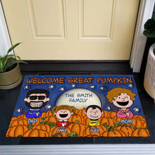 Load image into Gallery viewer, Personalized Family Halloween Doormat - Welcome Great Pumpkin
