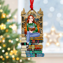 Load image into Gallery viewer, Personalized Christmas Ornament for Book Lovers - Girl Reading on Book Stack Ornament PopCulturePrints
