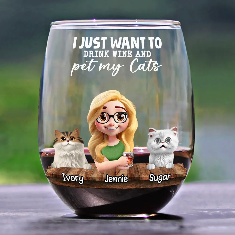 I Just Want To Drink Wine - Personalized Stemless Wine Glass for Cat Lovers Wine Glass PopCulturePrints