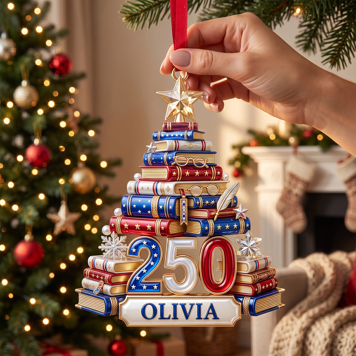 Book Stack Christmas Tree Ornament - Personalized 250th Anniversary Gift For Book Lovers 02PGTN220826 Ornament PopCulturePrints