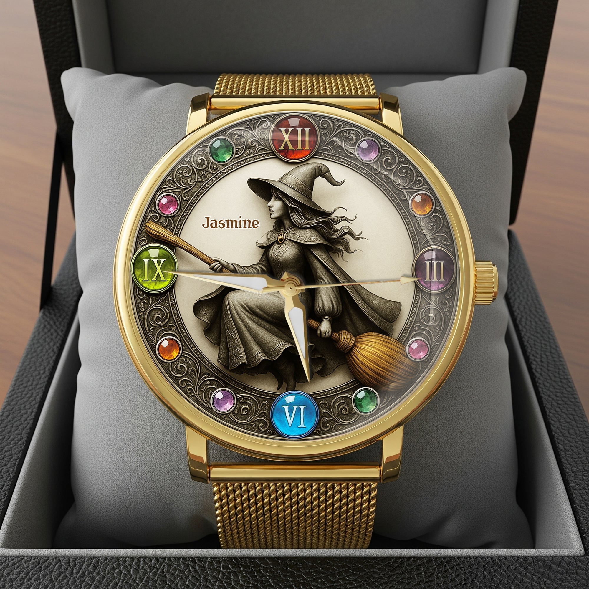 “Embrace the Mystique” - Mystical Witch On Broom Mesh Straps Watch - Personalized Gift for Witch Lovers Quartz Watch PopCulturePrints