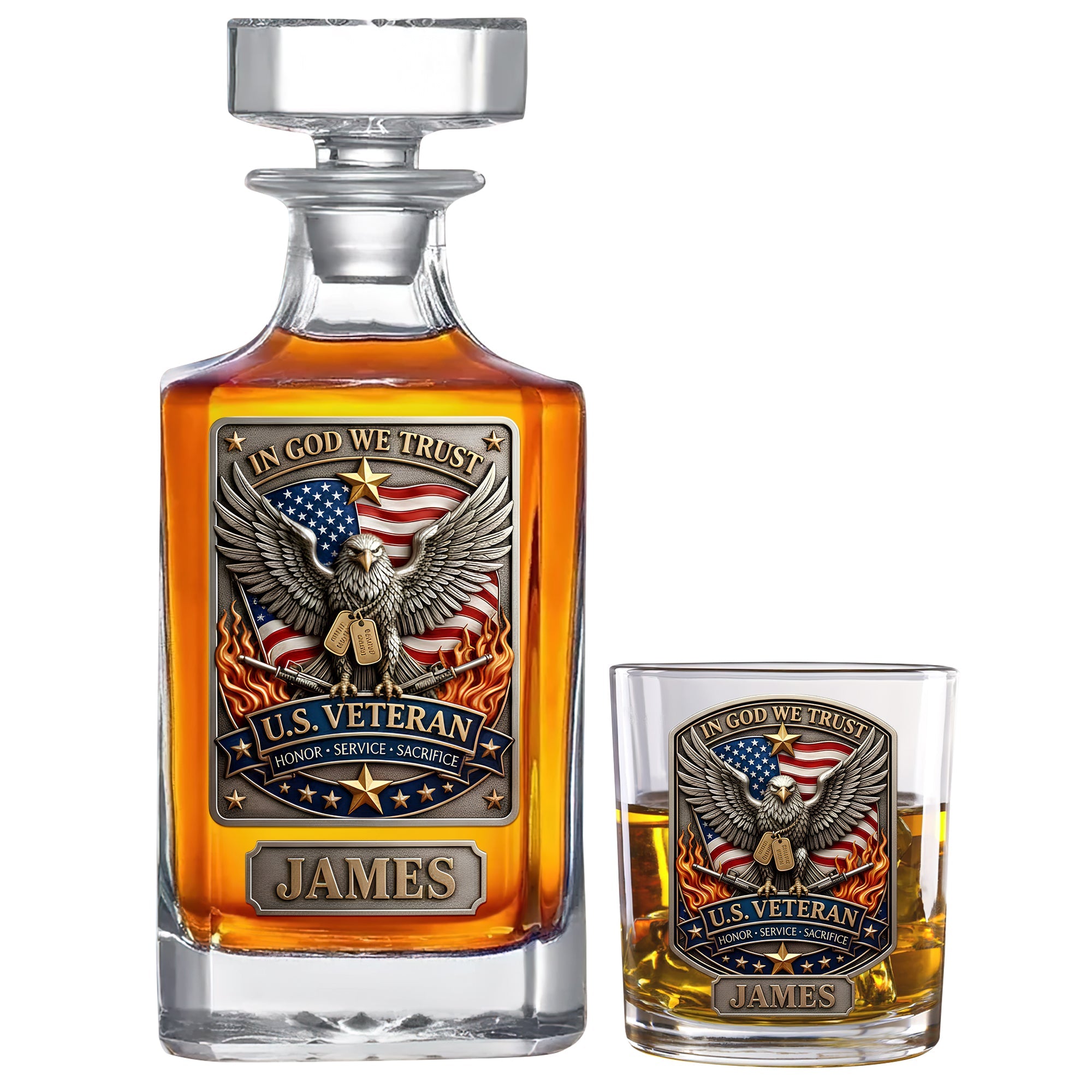 In God We Trust - Personalized Veteran Decanter Set for Honoring Heroes Bottle PopCulturePrints