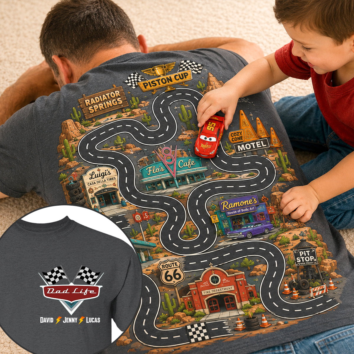 "Life in the Fast Lane: Personalized Retro Race Road Map Shirt - Gift for Dads, Grandpas, and Fathers" AOP Products PopCulturePrints