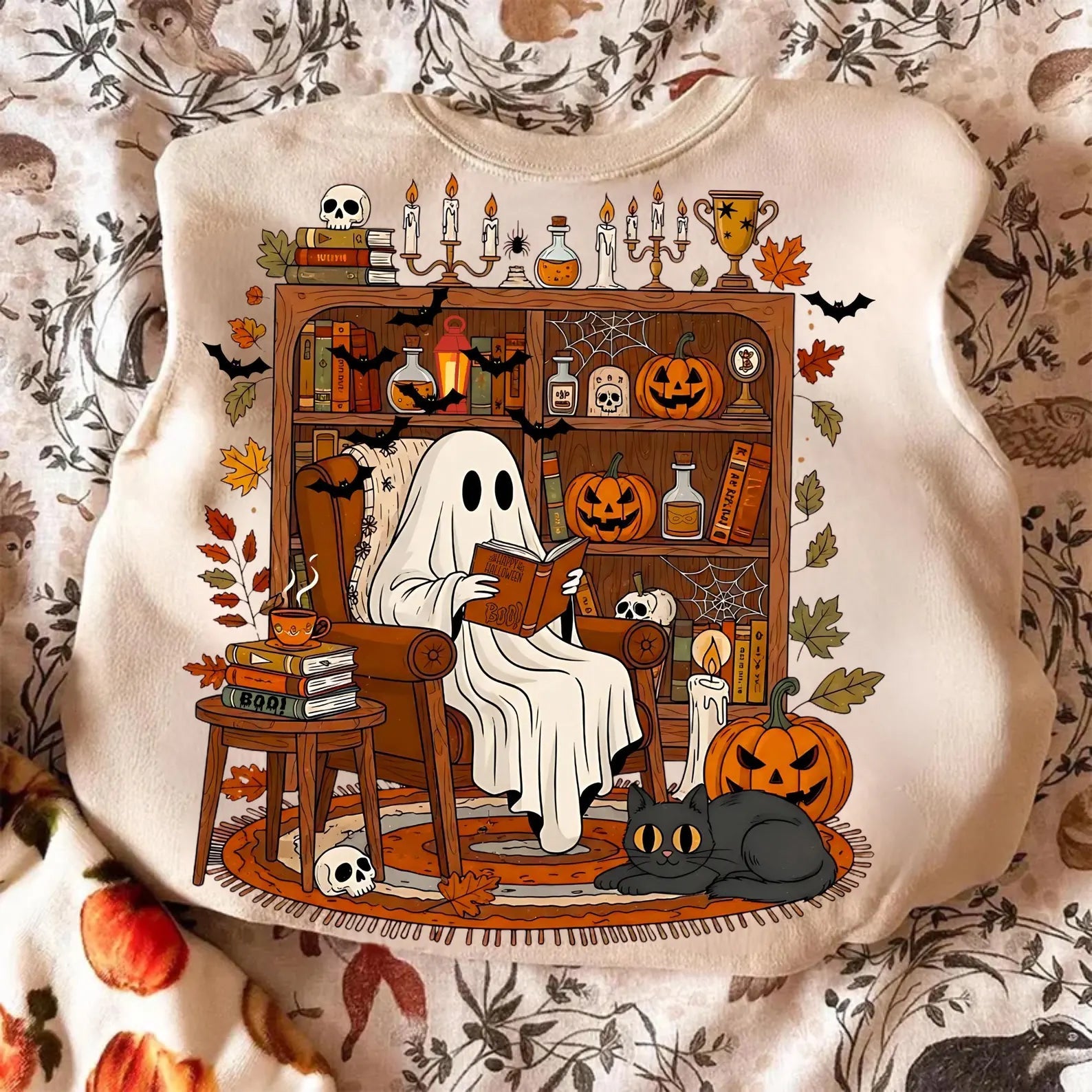 "Read Between the Spooks: Cozy Ghost in Library Tee" - Personalized Gift for Book Lovers & Halloween Enthusiasts Shirts PopCulturePrints