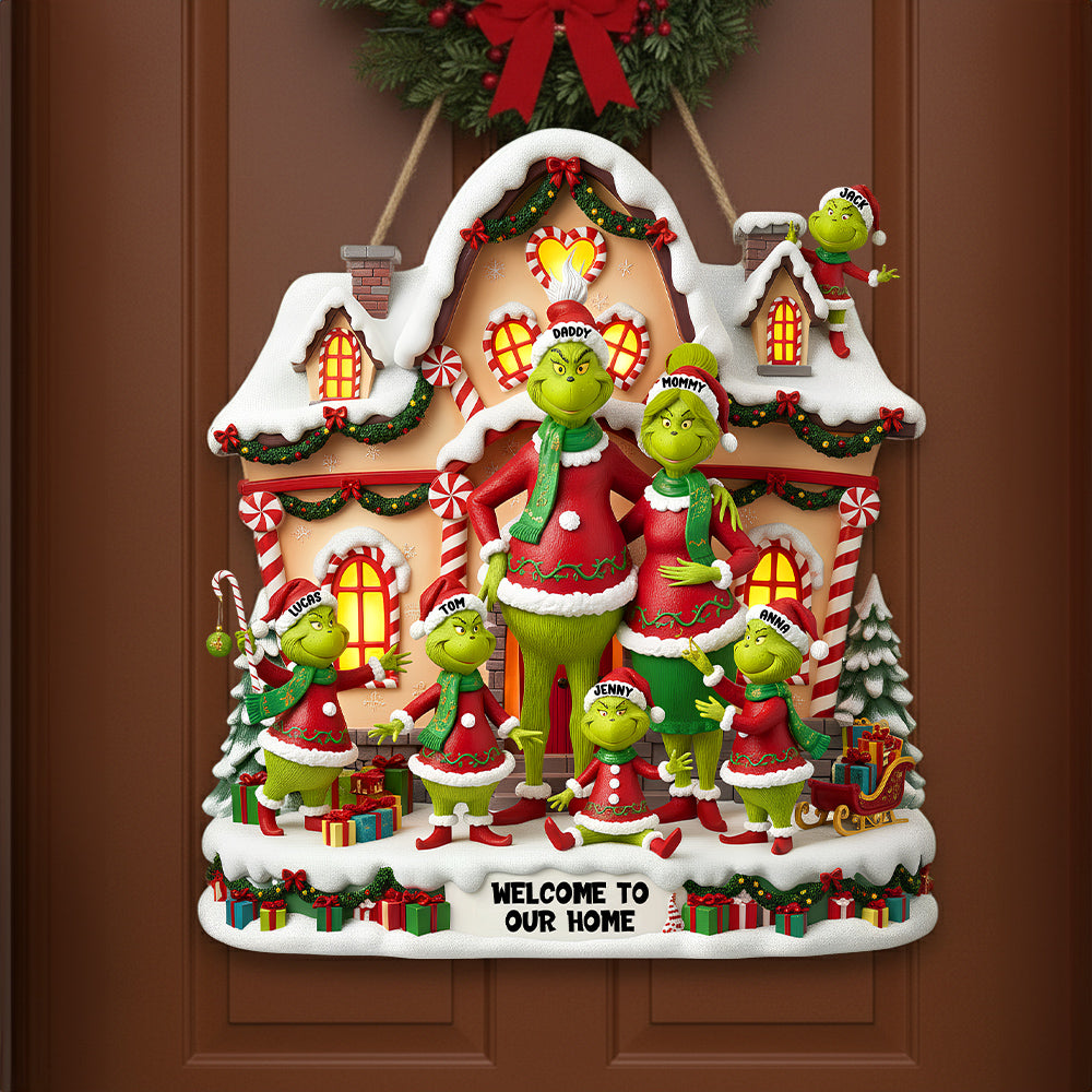 Welcome to Our Home - Funny Green Monster Personalized Wood Sign - Custom Christmas Gift for Family and Friends Wood Sign PopCulturePrints