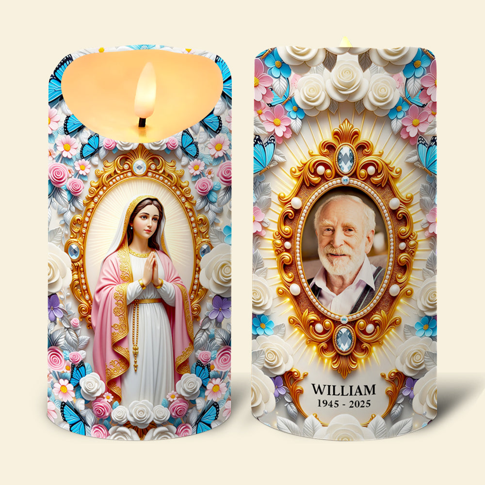"Illuminate their memory with grace - Remembrance Virgin Mary Custom Photo LED Candle Gift for Loved Ones" Led Candle PopCulturePrints