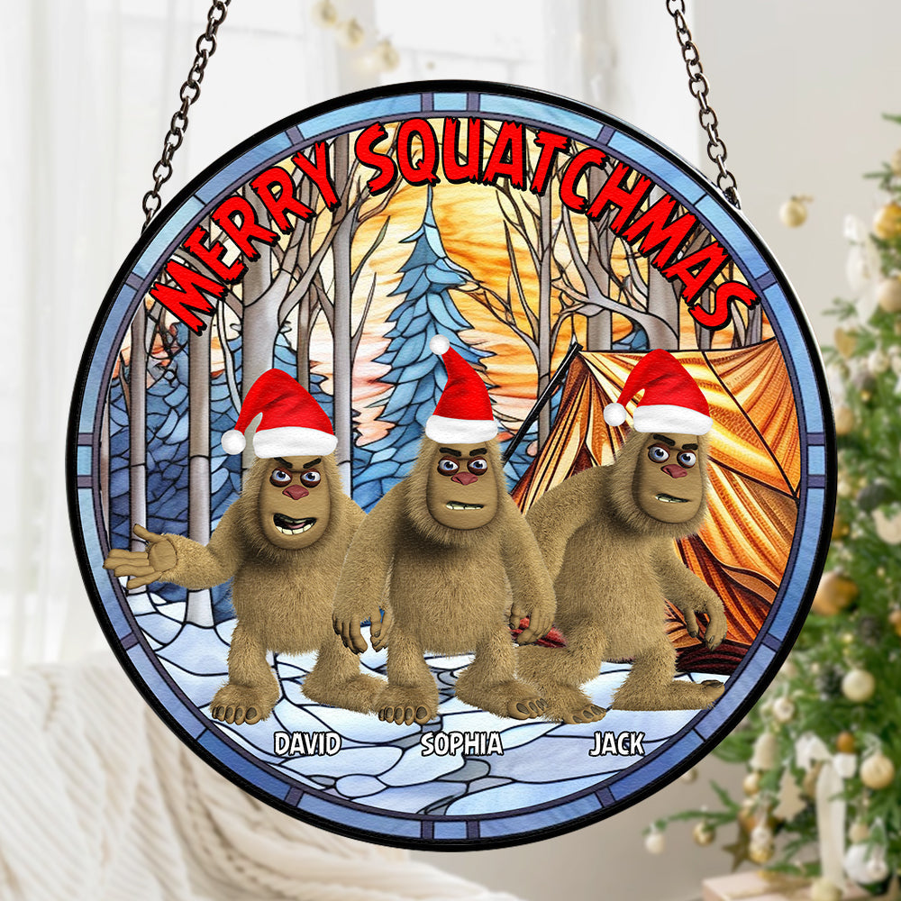 Customizable Merry Squatchmas Stained Glass Suncatcher for Bigfoot Enthusiasts