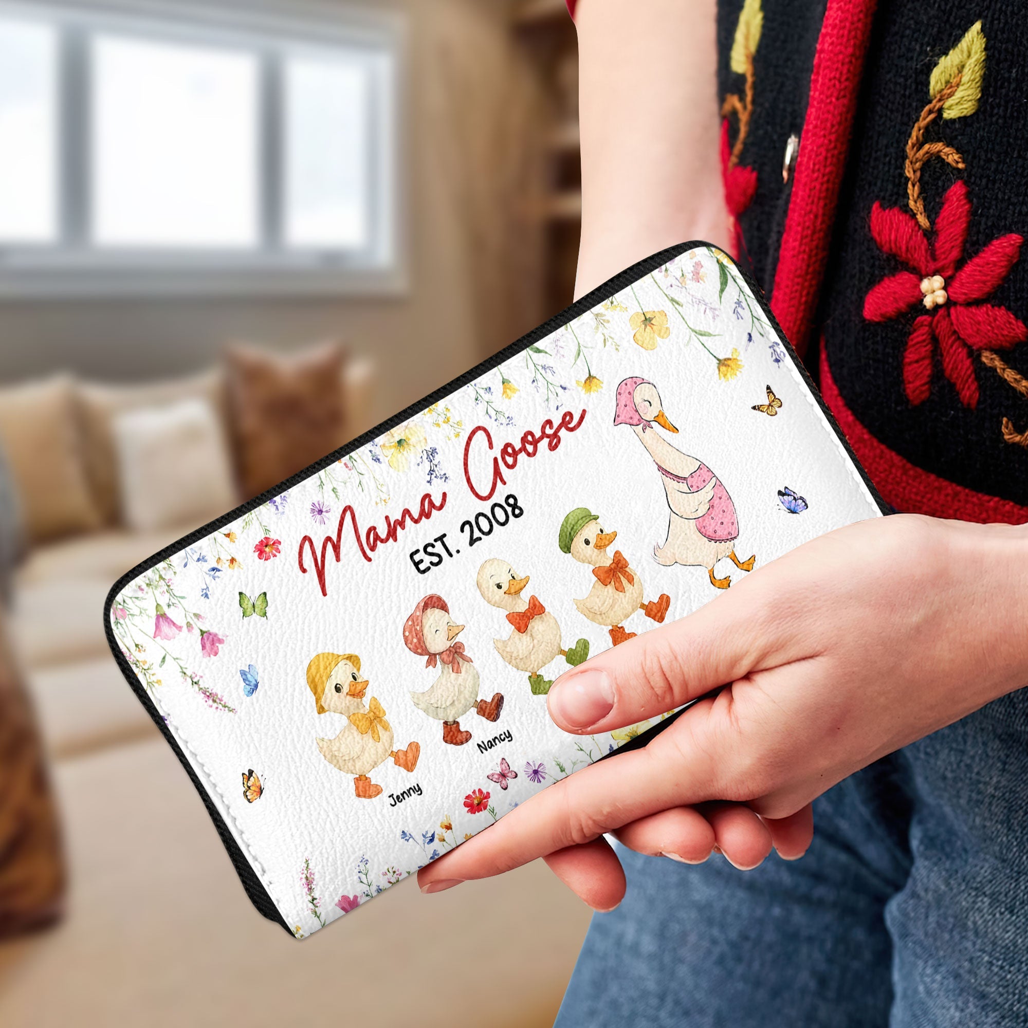 “Celebrate Family Love with Mama Goose” - Personalized Twill Faux Leather Wallet, Gift for Mom, Grandma, and Family Leather Wallet PopCulturePrints