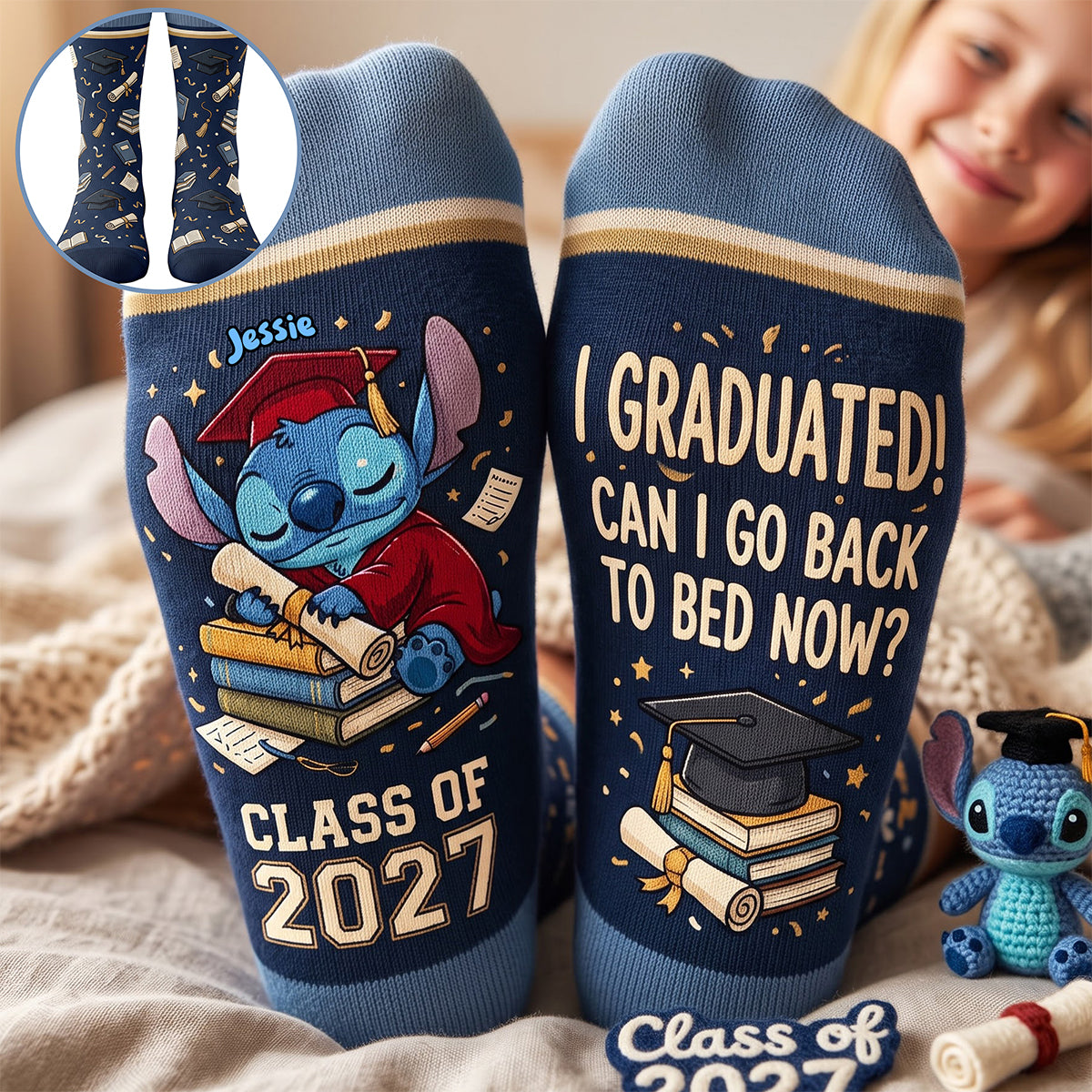 Celebrate Your Achievement – Adorable Graduation Character Middle Tube Socks | Personalized Gift for Graduates