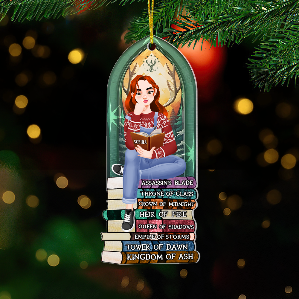 Personalized Ornament for Book Lovers - Girl Reading on Book Stack Ornament PopCulturePrints