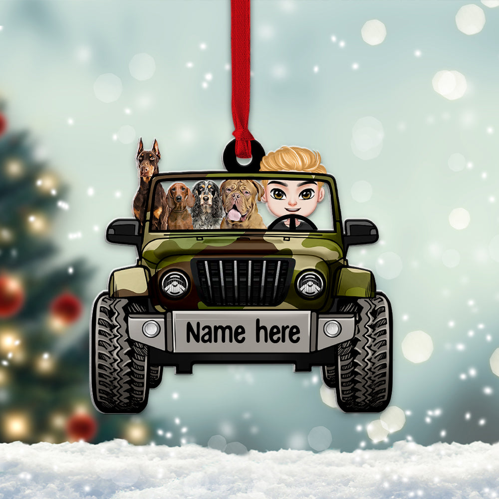 Personalized Christmas Ornament - Dog Lover in Jeep