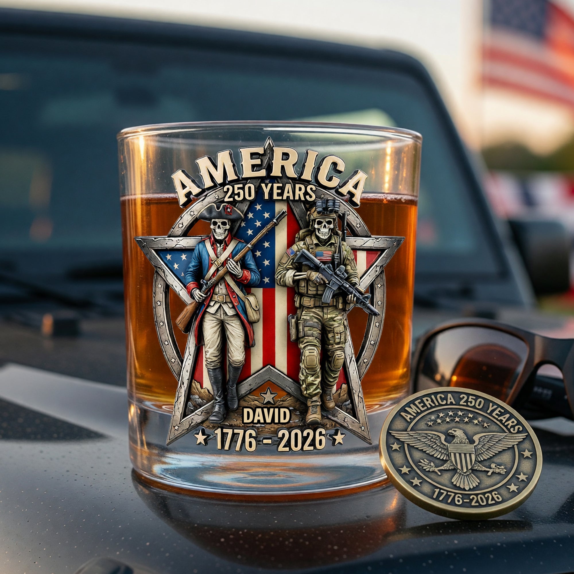 Celebrate Freedom: Fierce American Veteran 250th Anniversary Drinking Glass - Personalized Gift for Veterans Glass PopCulturePrints