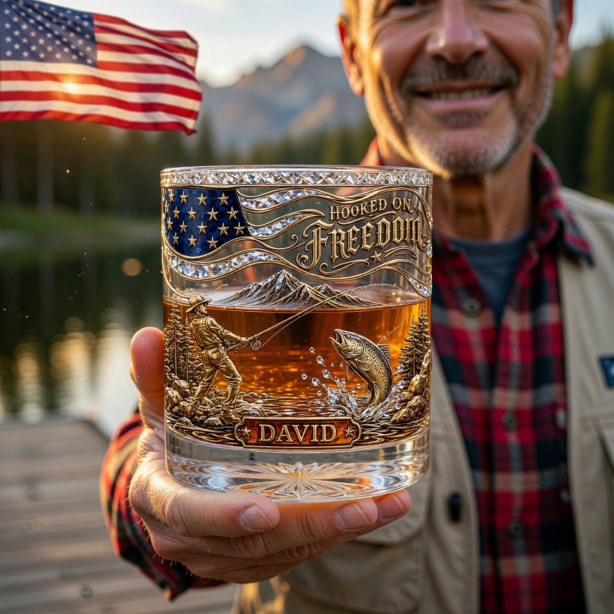 Hooked On Freedom - Personalized Round Glass for Fishing Lovers Glass PopCulturePrints