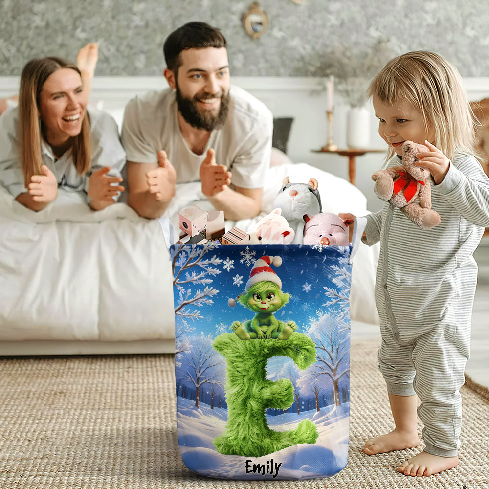 Personalized Christmas Alphabet Laundry Basket - Green Furry Design Laundry Basket PopCulturePrints