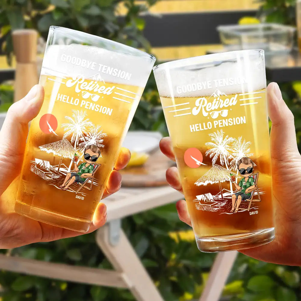 Goodbye Tension, Hello Pension - Personalized Beer Glass for Retirement Celebration Beer Glass PopCulturePrints