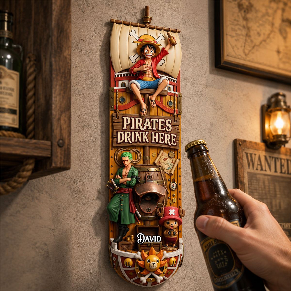 “Set Sail for Adventure!” - Sea Adventure Wooden Wall Hanging Bottle Opener - Personalized Gift for Anime Lovers
