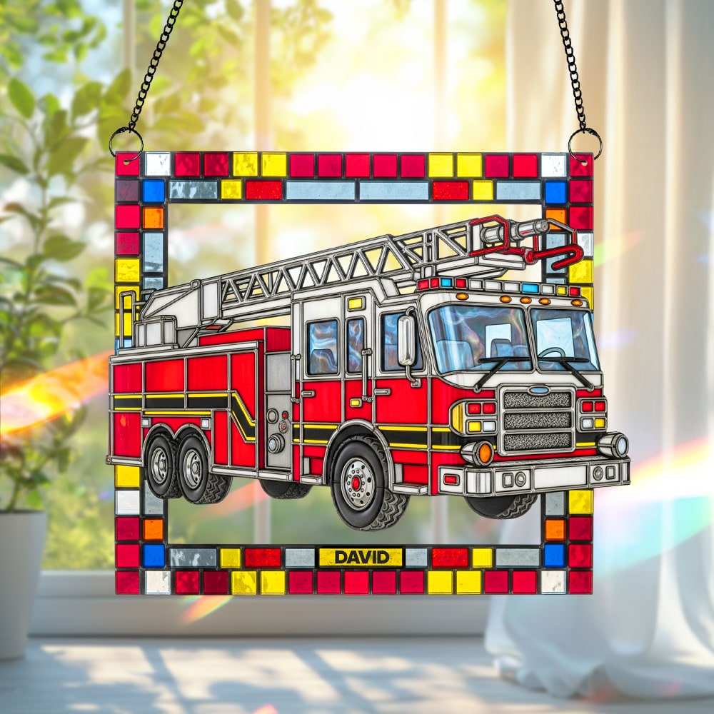 “Shine Bright with Our Stained Glass Firetruck!” - Firetruck Window Hanging Suncatcher Ornament - Personalized Gifts for Firefighters Ornament PopCulturePrints