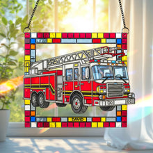Load image into Gallery viewer, “Shine Bright with Our Stained Glass Firetruck!” - Firetruck Window Hanging Suncatcher Ornament - Personalized Gifts for Firefighters Ornament PopCulturePrints
