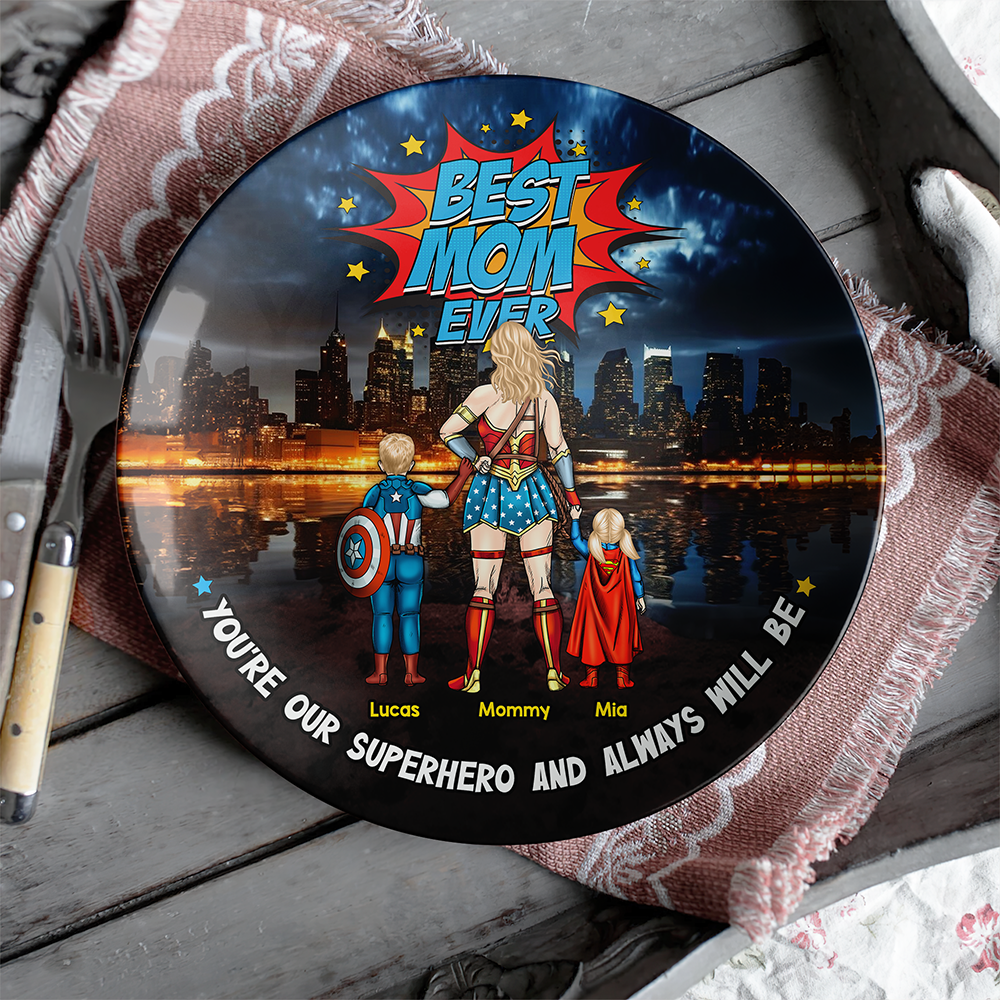 "Best Mom Ever" - Personalized Ceramic Round Plate - Perfect Gift for Mom, Grandma and Superheroes Ceramic Round Plate PopCulturePrints