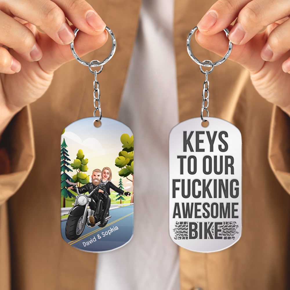 Personalized Biker Couple Keychain - Keys to Our Awesome Bike Keychains PopCulturePrints