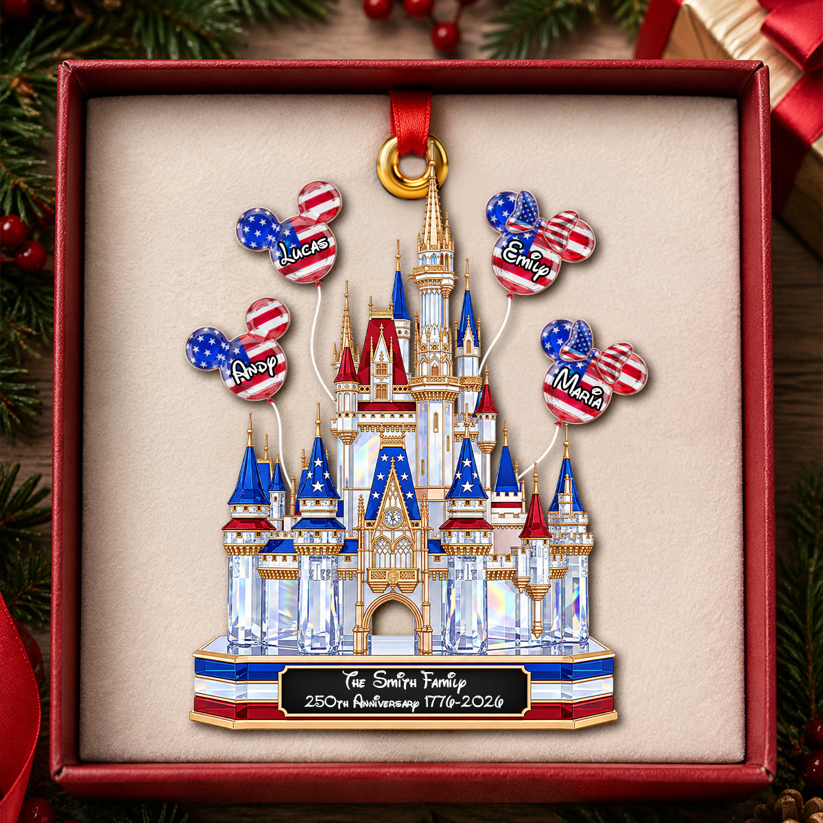 "A Magical Keepsake for Generations - Personalized Enchanted Castle Acrylic Ornament for Family 250th Anniversary Gift"