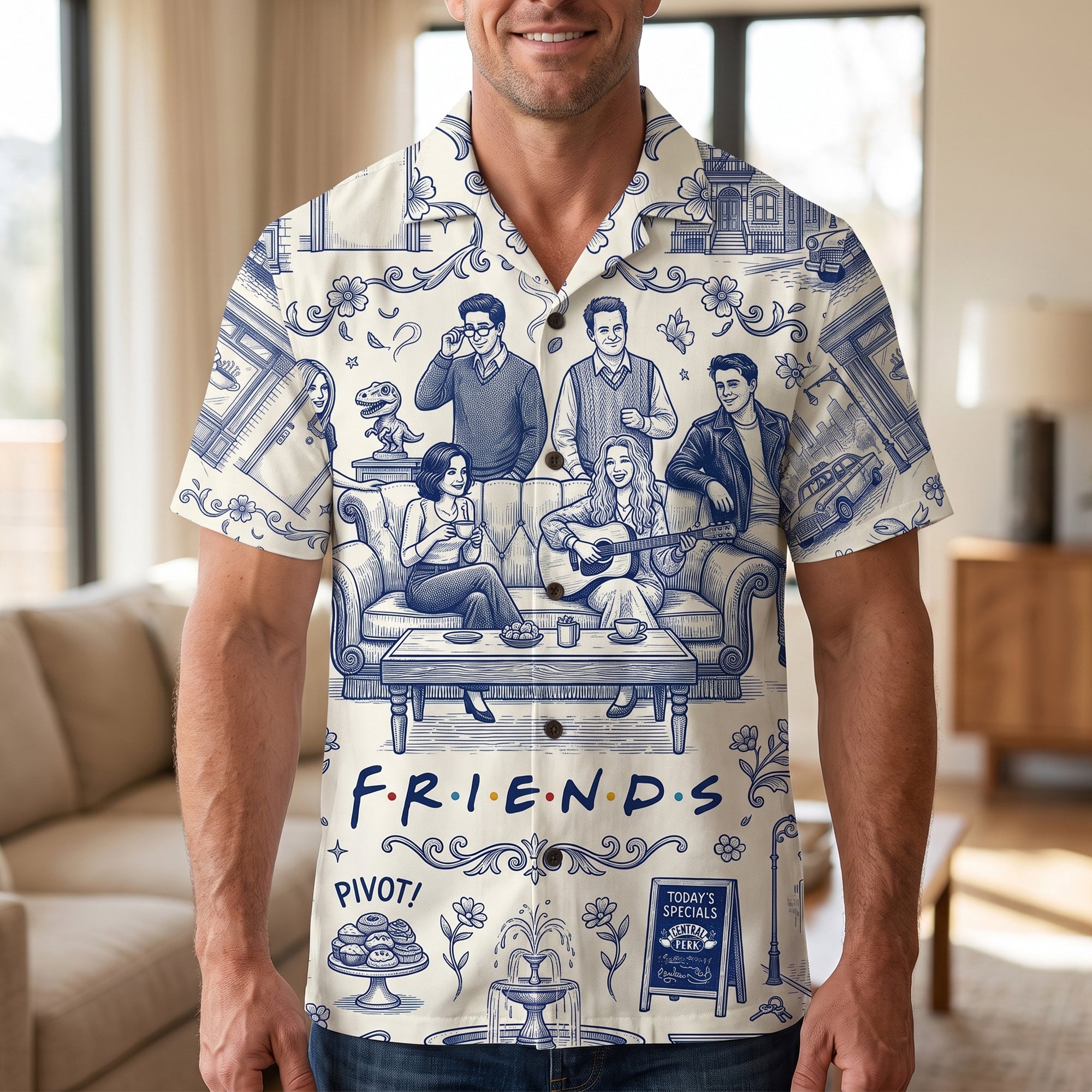 Get Cozy with Friends - Personalized Toile de Jouy Hawaiian Shirt - Unique Gift for Best Friends & Loved Ones