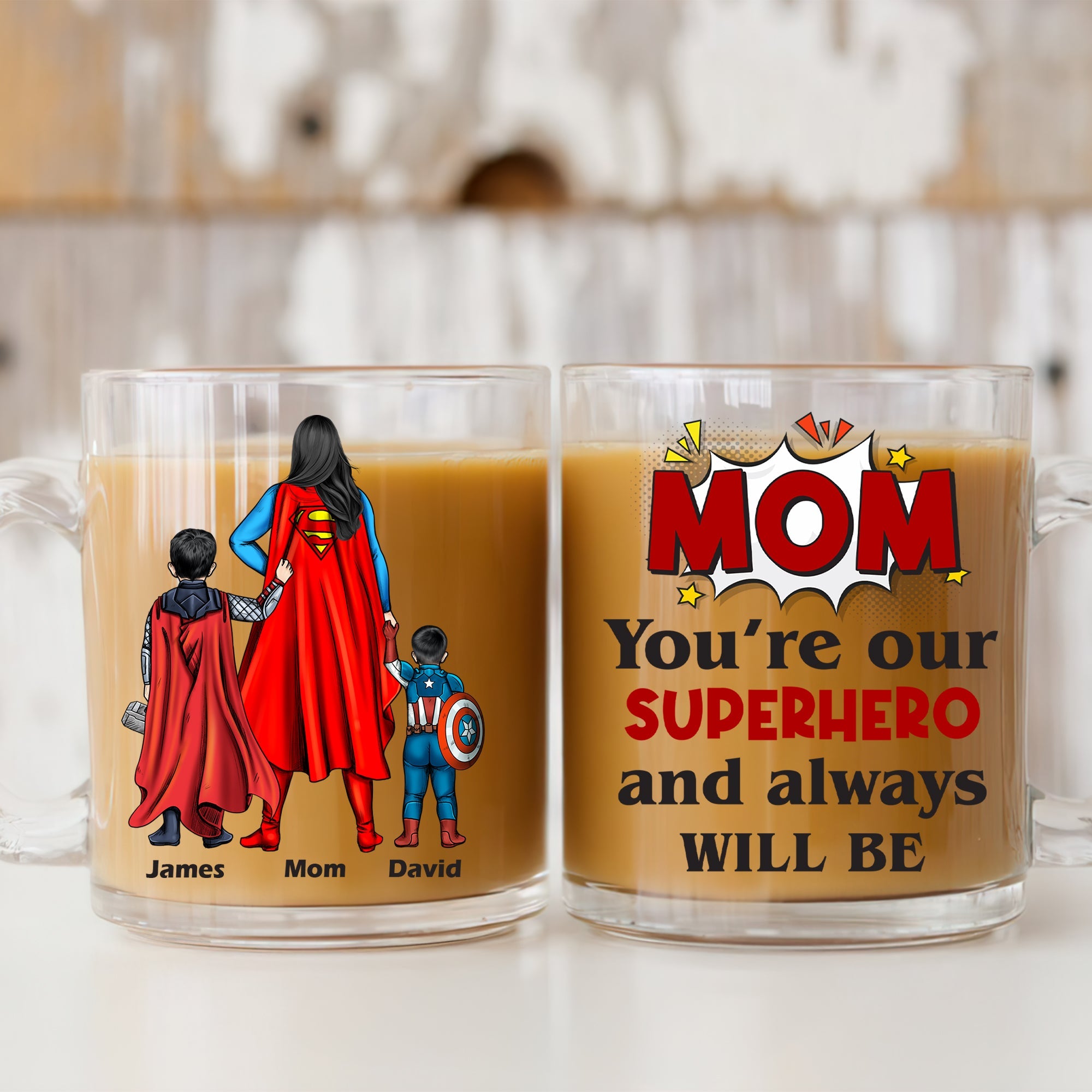 Mom, You're Our Superhero - Personalized Clear Glass Mug for Her Clear Glass Mug PopCulturePrints