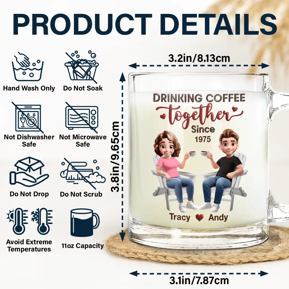 ‘Drinking Coffee Together Since 1975’ - Personalized Glass Mug for Couples Glass Mug PopCulturePrints
