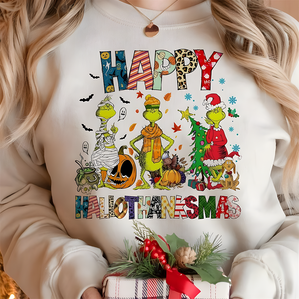 Happy HalloThanksMas Grinch Holiday Sweatshirt