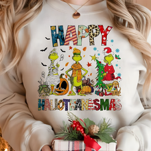 Load image into Gallery viewer, Happy HalloThanksMas Grinch Holiday Sweatshirt
