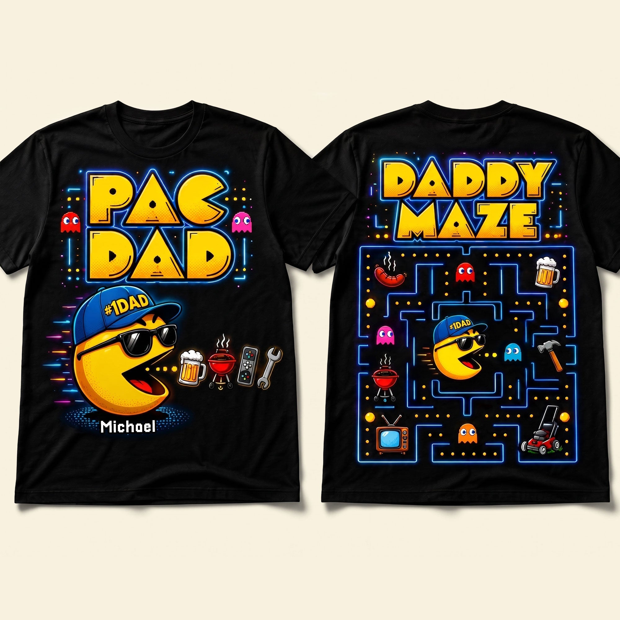 "Level Up Your Dad's Style!" - Retro Arcade Dad Shirt - Personalized Gift for Dads, Grandpas, and Gamers Shirts PopCulturePrints