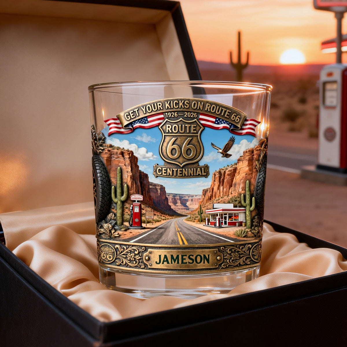 “Get Your Kicks on Route 66” - Personalized Centennial Drinking Glass - Custom Gift for Road Trip Lovers Glass PopCulturePrints