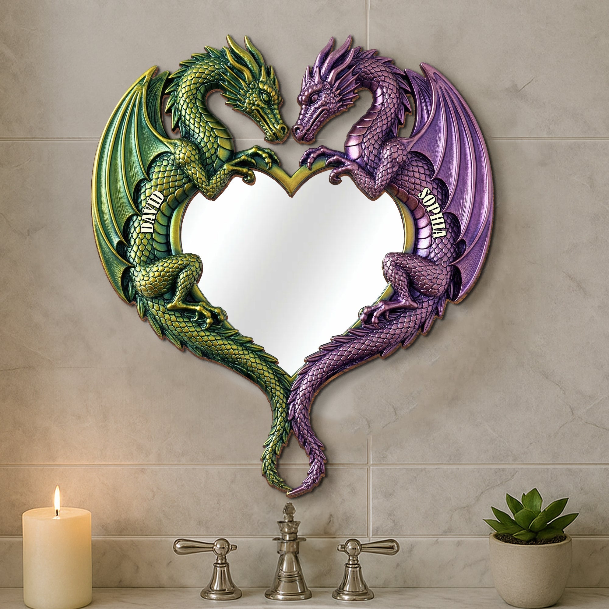 “Together Forever” - Fantasy Dragon Couple Mirror - Personalized Gift for Couples Mirror PopCulturePrints