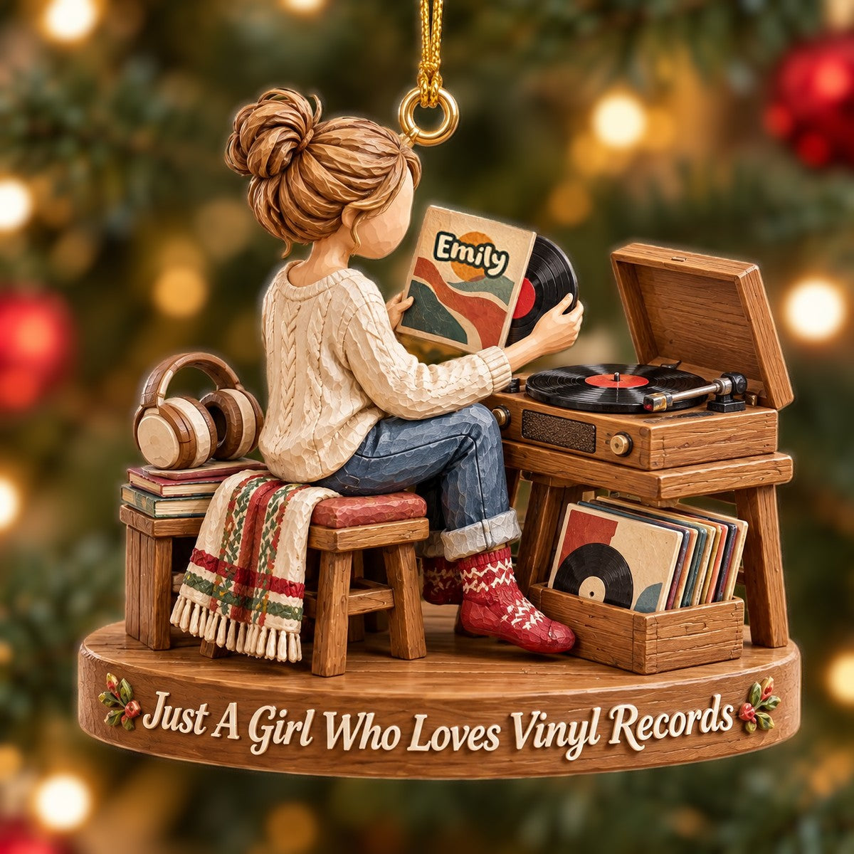 Vinyl Record Girl Wood Effect Ornament, Personalized Gifts For Vinyl Records Lovers 02qhta141026 Ornament PopCulturePrints
